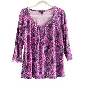 Woman August Silk Purple Paisley Floral Blend Pullover  3/4 Sleeve 3X